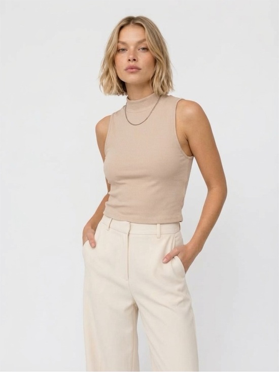 Klassy Network Tops - Klassy Network Beige Mock Neck Ribbed Tank